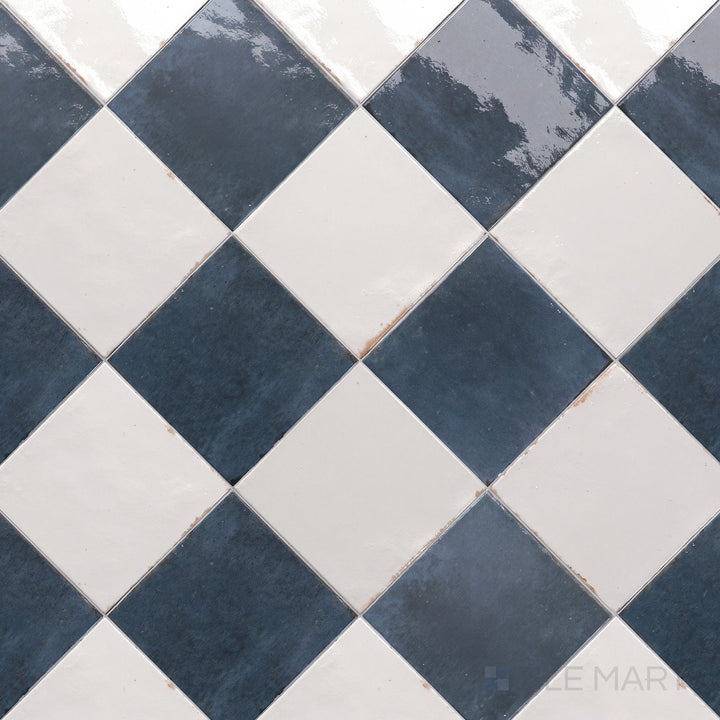 Alternate overview of Agadir checkerboard in Niebla and Lago, highlighting its bright porcelain finish.