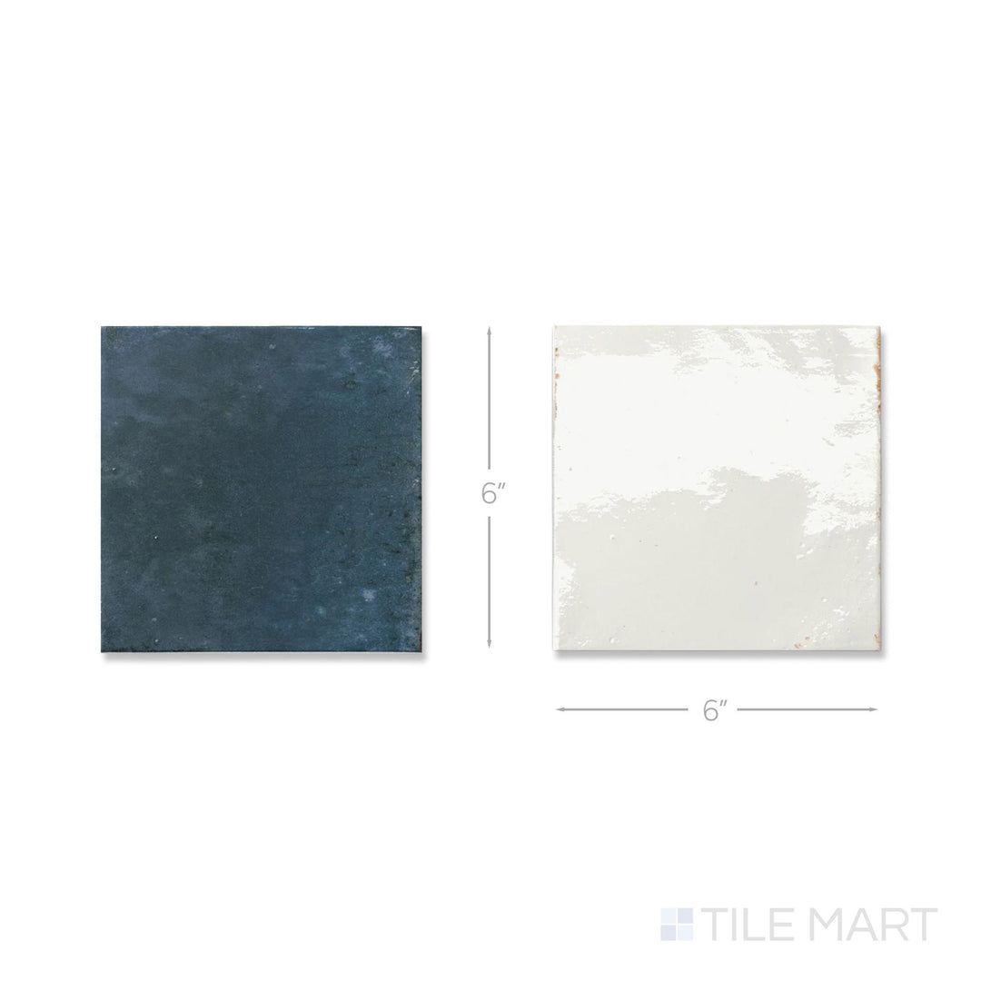 Bird's-eye view of a single Agadir tile in Niebla and Lago, showing the bright porcelain surface up close.