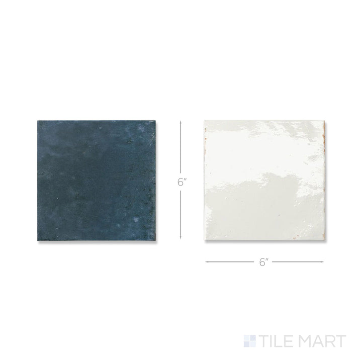 Bird's-eye view of a single Agadir tile in Niebla and Lago, showing the bright porcelain surface up close.