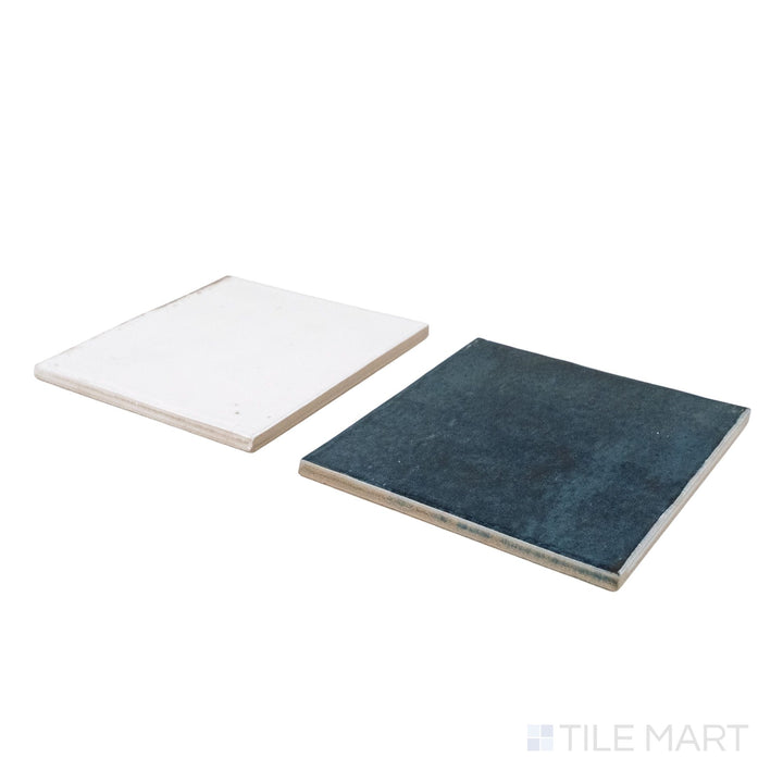 Corner shot of Agadir tile in Niebla and Lago, revealing its edge profile and vibrant porcelain finish.