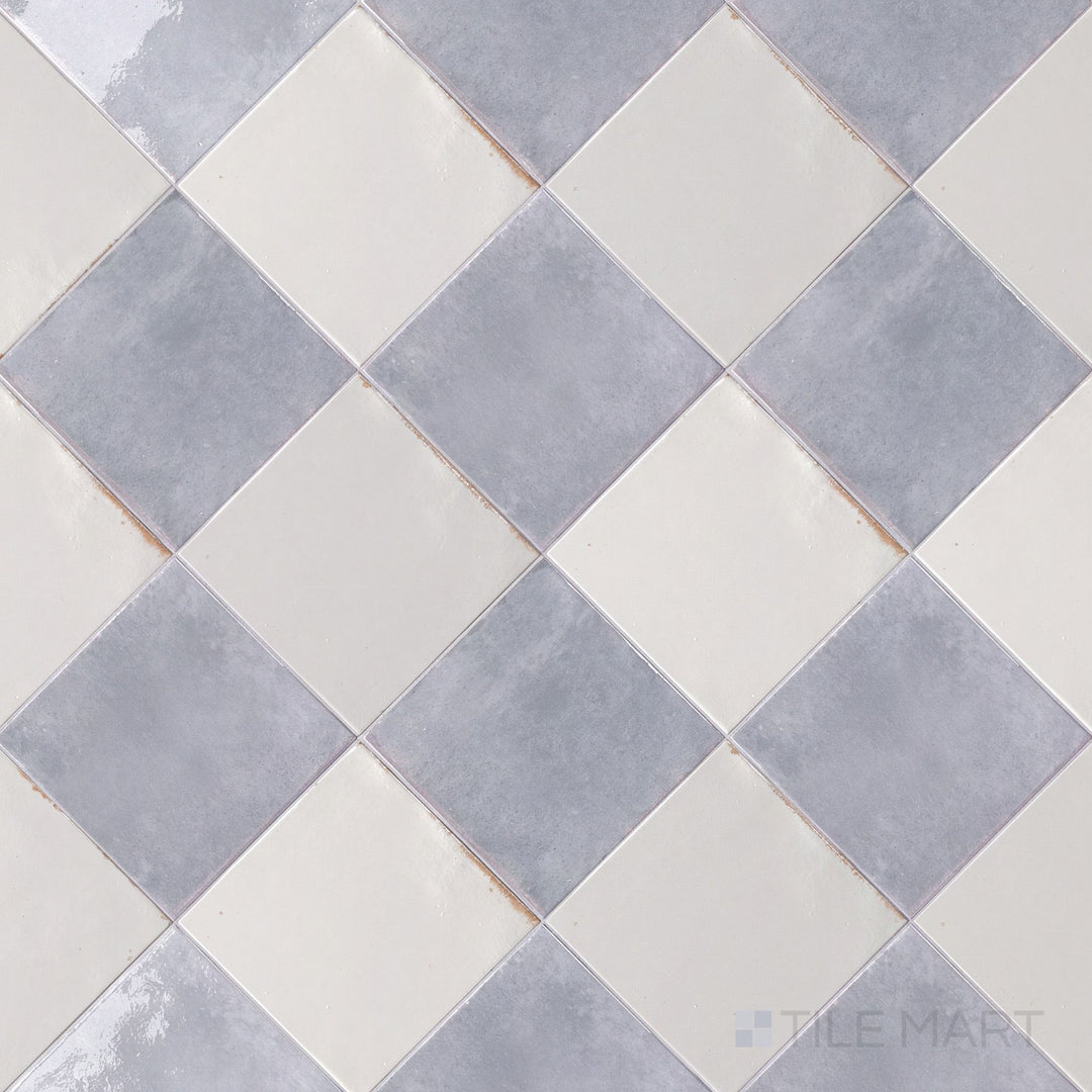 Alternate overview of Agadir checkerboard in Niebla and Piedra, highlighting its bright porcelain finish.