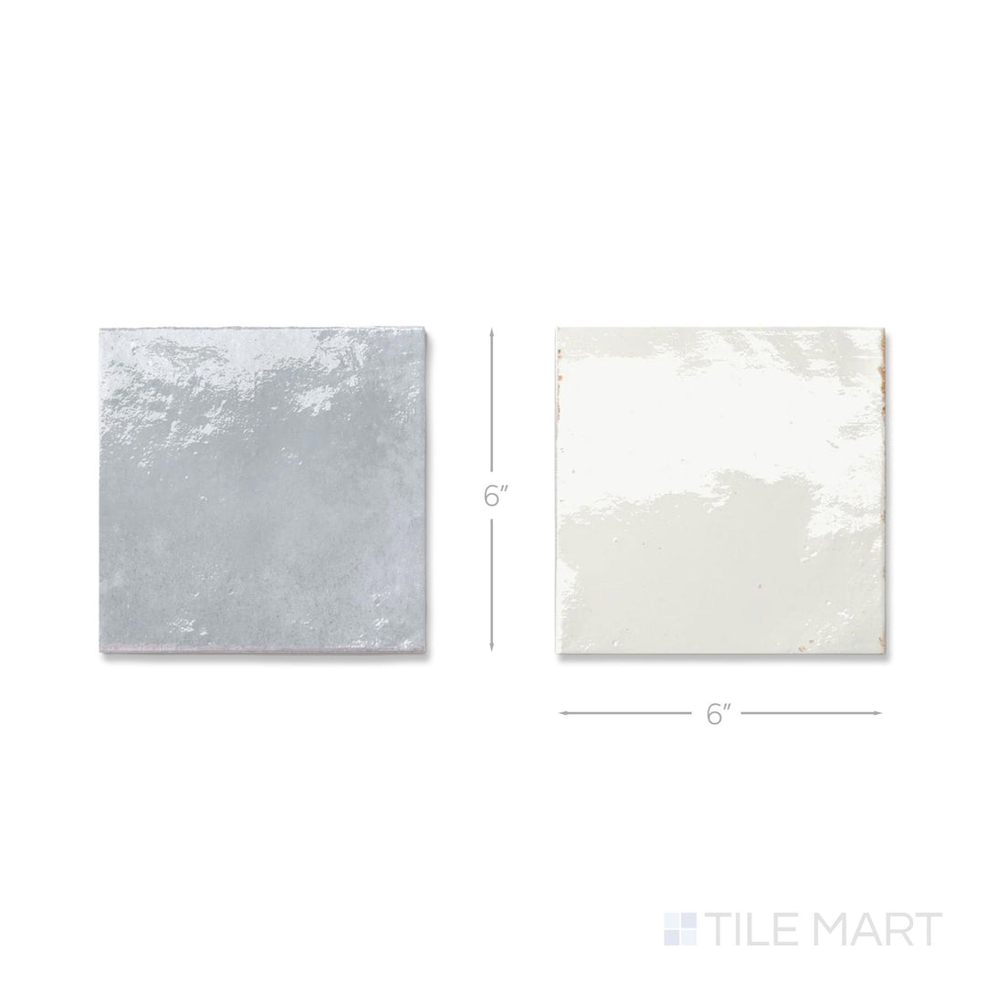 Flat lay of a single Agadir tile in Niebla and Piedra, showing the bright porcelain surface up close.