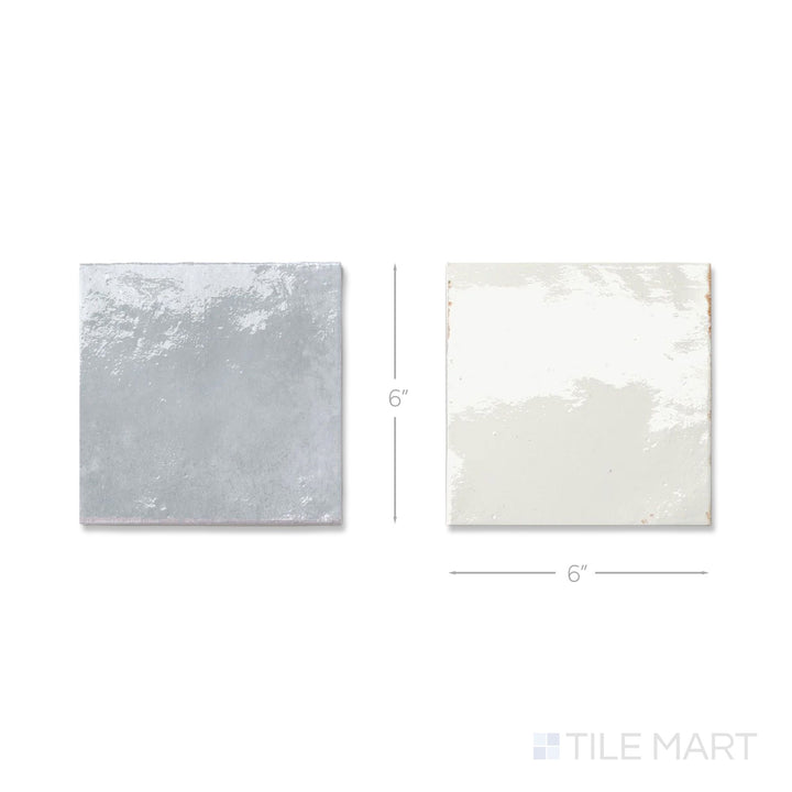 Flat lay of a single Agadir tile in Niebla and Piedra, showing the bright porcelain surface up close.