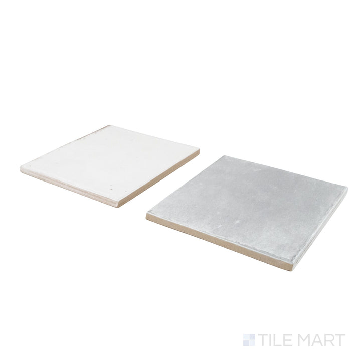 Corner shot of Agadir tile in Niebla and Piedra, revealing its edge profile and vibrant porcelain finish.