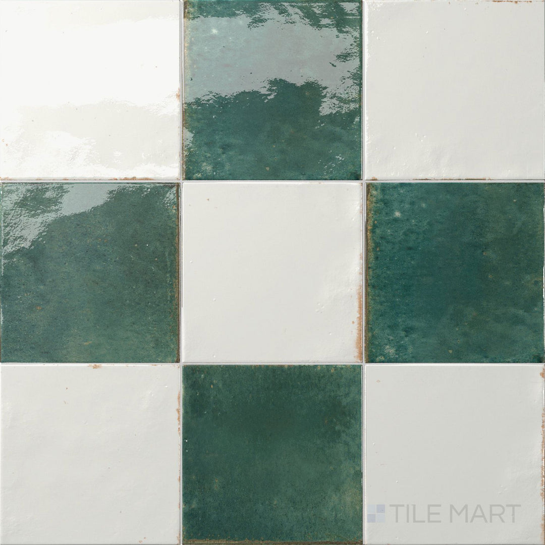 Overview of Agadir 6x6 checkerboard in Niebla and Selva, showing its bold, vibrant color contrast.