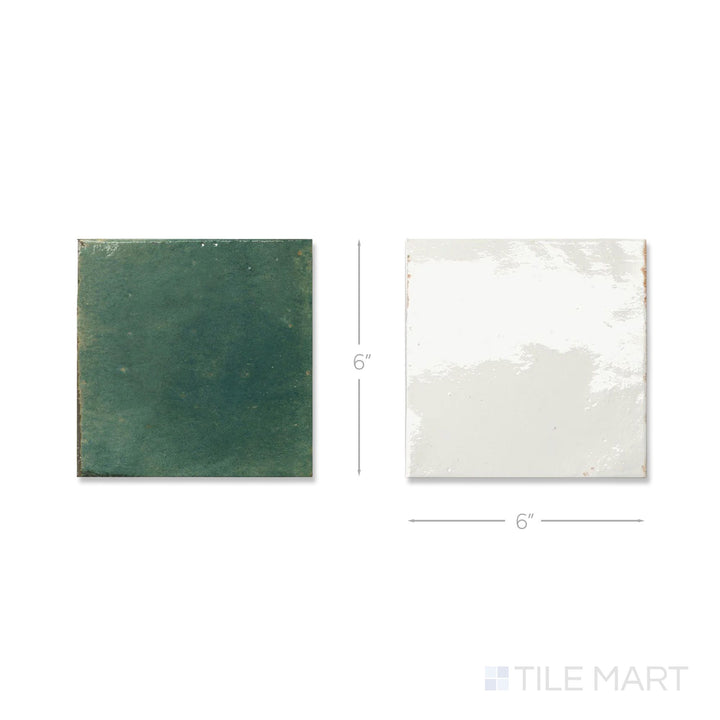 Overhead view of a single Agadir tile in Niebla and Selva, showing the bright porcelain surface up close.
