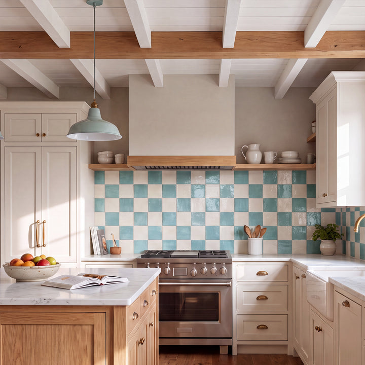Agadir in Niebla and Agua brings bold, vibrant color contrast to a bright porcelain checkerboard floor.