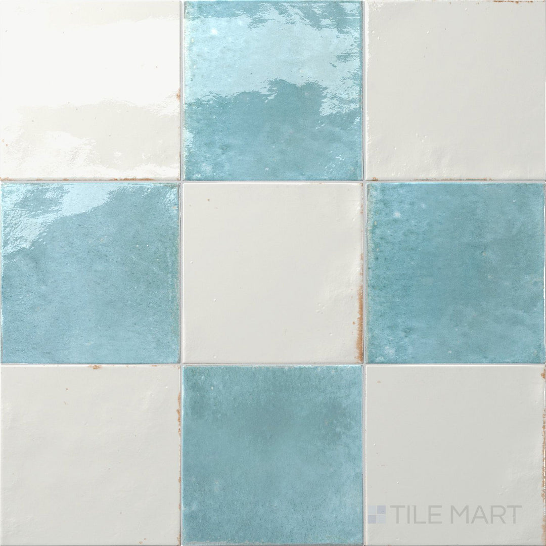 Overview of Agadir 6x6 checkerboard in Niebla and Agua, showing its bold, vibrant color contrast.