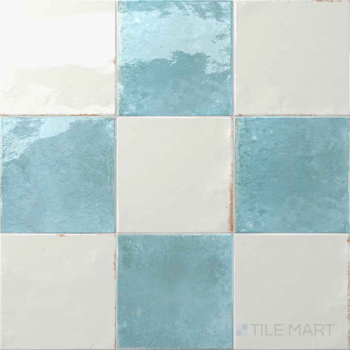 Overview of Agadir 6x6 checkerboard in Niebla and Agua, showing its bold, vibrant color contrast.