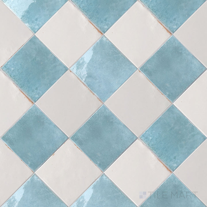 Alternate overview of Agadir checkerboard in Niebla and Agua, highlighting its bright porcelain finish.