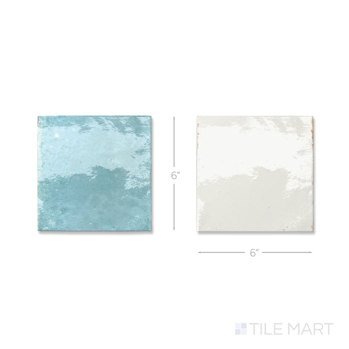 Top-down view of a single Agadir tile in Niebla and Agua, showing the bright porcelain surface up close.