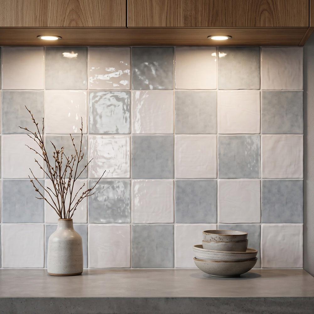 Melody in Easton White and Eme Ash brings vibrant, light-catching color contrast to a glossy checkerboard wall.