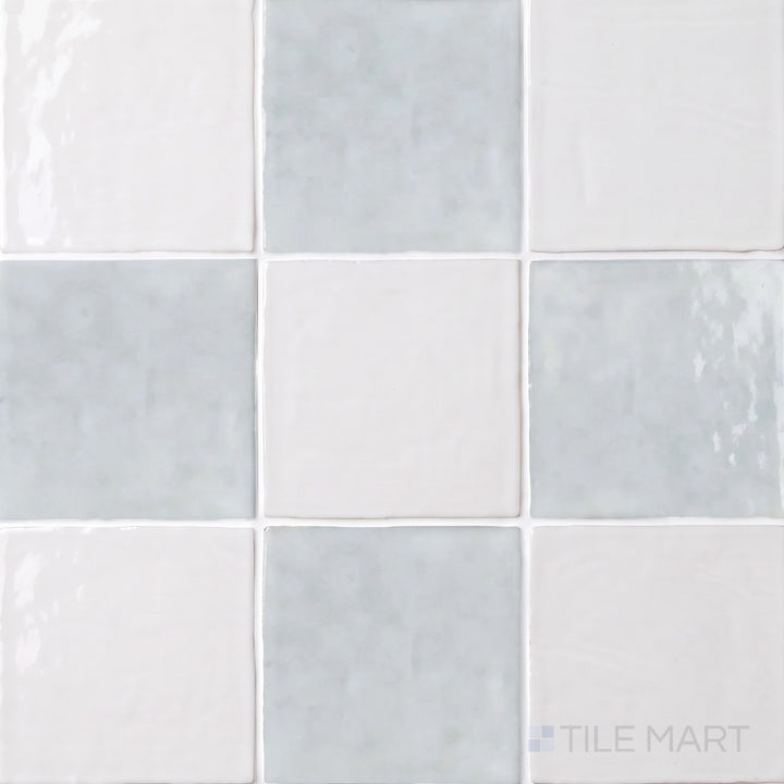 Overview of Melody 5x5 checkerboard in Easton White and Eme Ash, showing its vibrant, light-catching gloss finish.