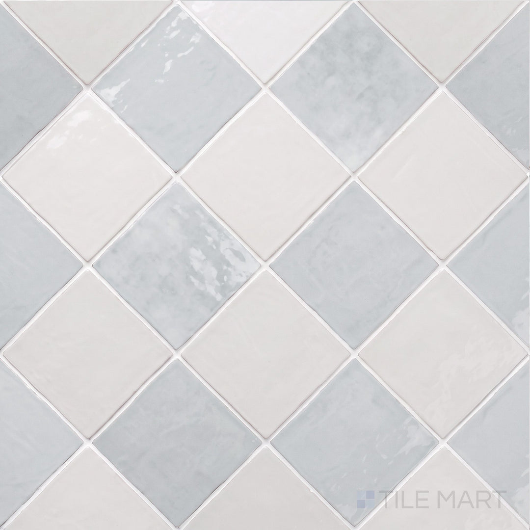 Alternate overview of Melody checkerboard in Easton White and Eme Ash, highlighting its reflective glossy surface.