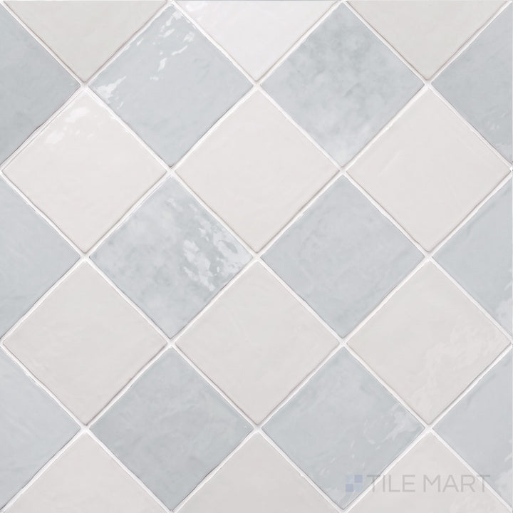 Alternate overview of Melody checkerboard in Easton White and Eme Ash, highlighting its reflective glossy surface.