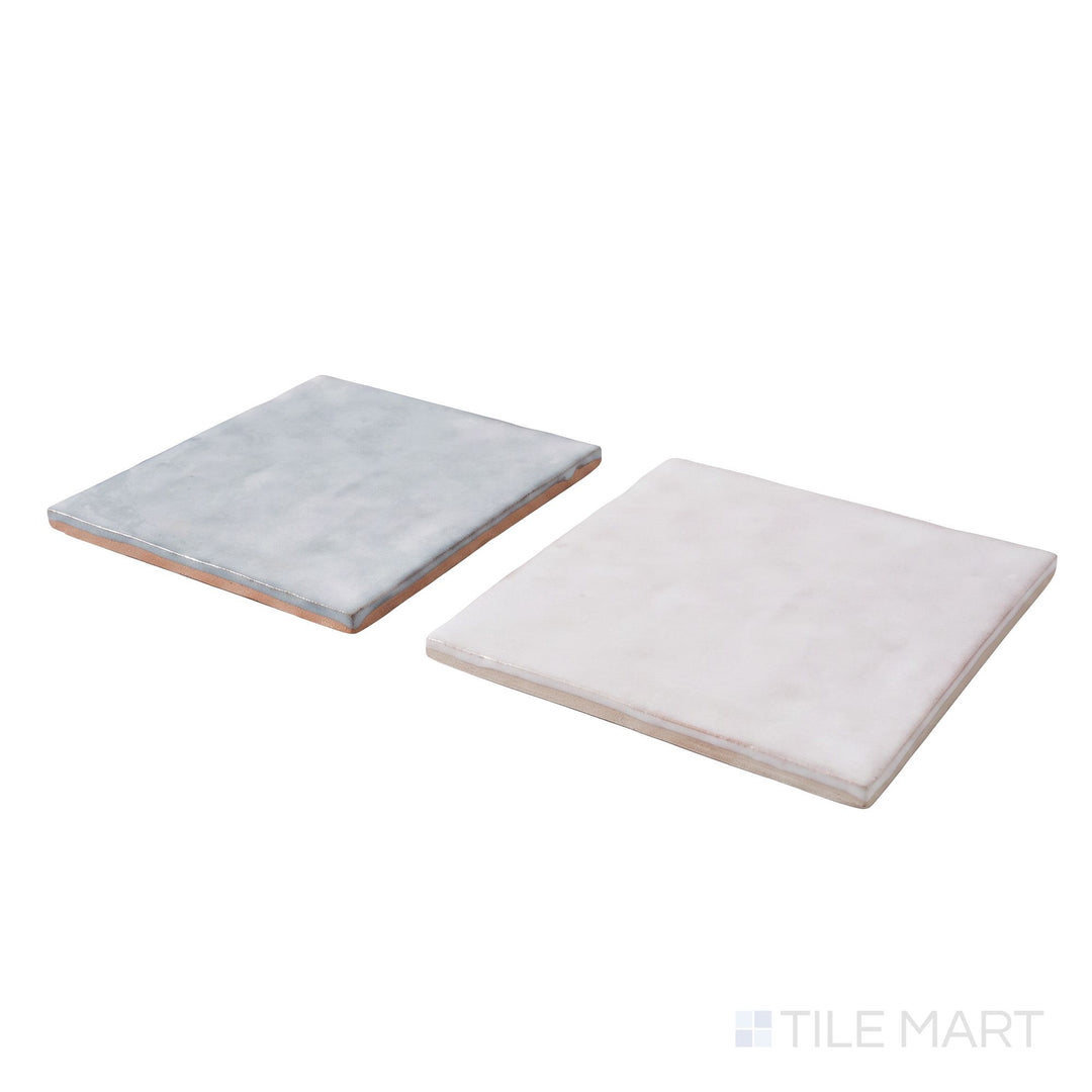 Corner shot of Melody tile in Easton White and Eme Ash, revealing its edge profile and luminous glossy glaze.