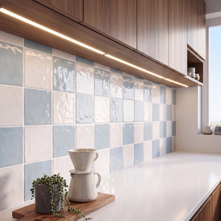 Melody in Easton White and Lyric Blue brings vibrant, light-catching color contrast to a glossy checkerboard wall.