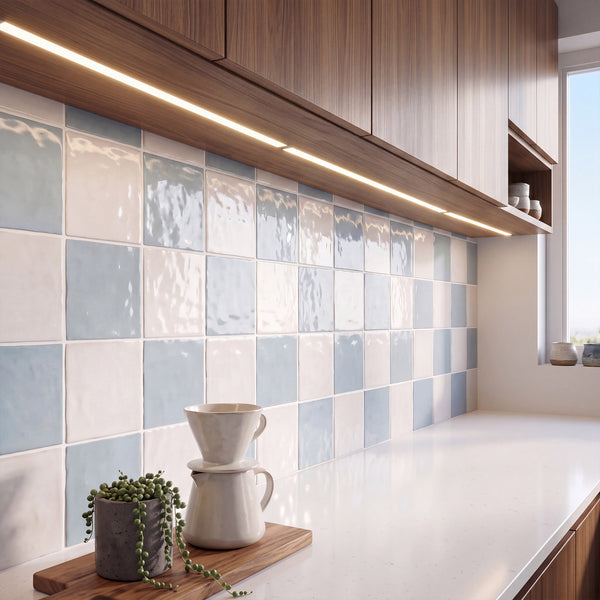 Melody in Easton White and Lyric Blue brings vibrant, light-catching color contrast to a glossy checkerboard wall.