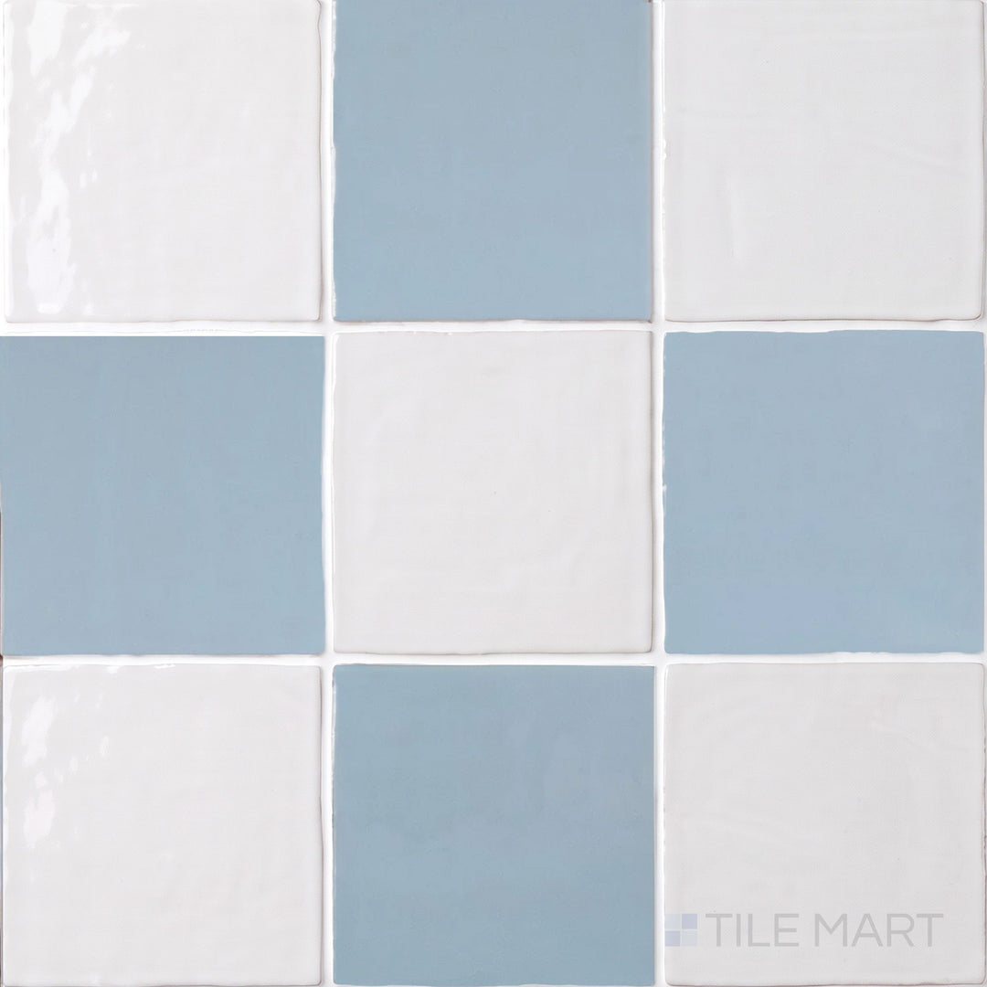 Overview of Melody 5x5 checkerboard in Easton White and Lyric Blue, showing its vibrant, light-catching gloss finish.