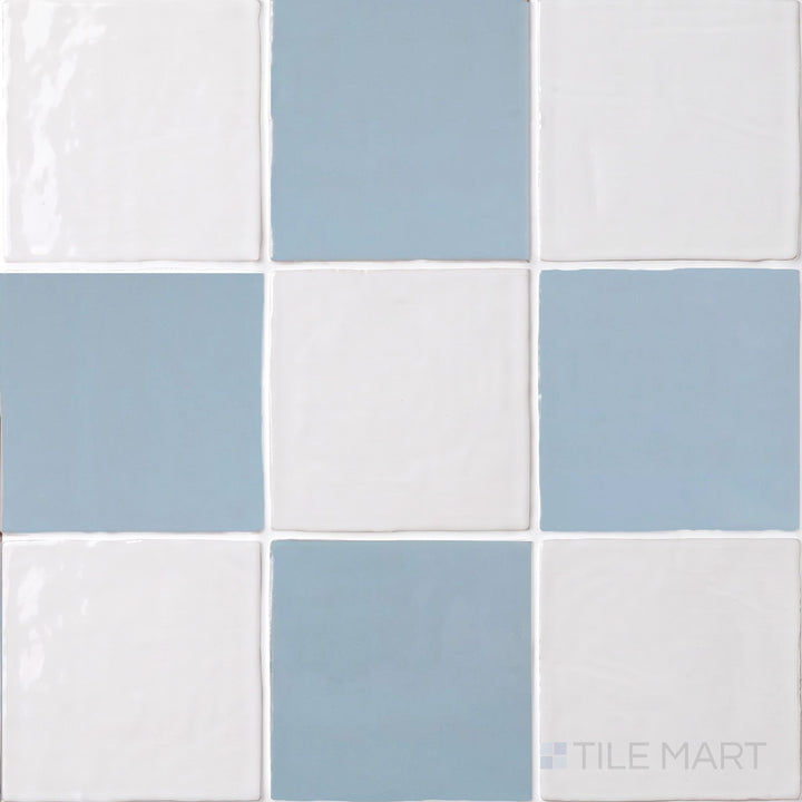 Overview of Melody 5x5 checkerboard in Easton White and Lyric Blue, showing its vibrant, light-catching gloss finish.