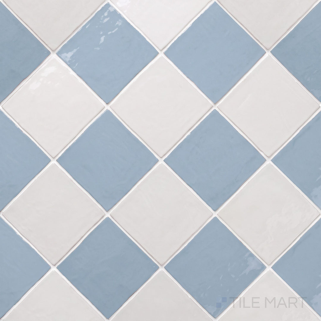 Alternate overview of Melody checkerboard in Easton White and Lyric Blue, highlighting its reflective glossy surface.
