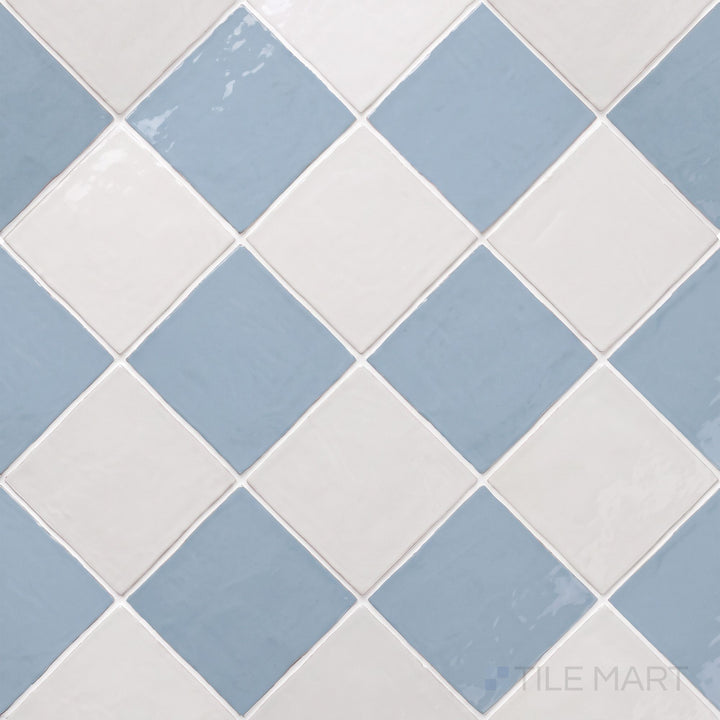 Alternate overview of Melody checkerboard in Easton White and Lyric Blue, highlighting its reflective glossy surface.