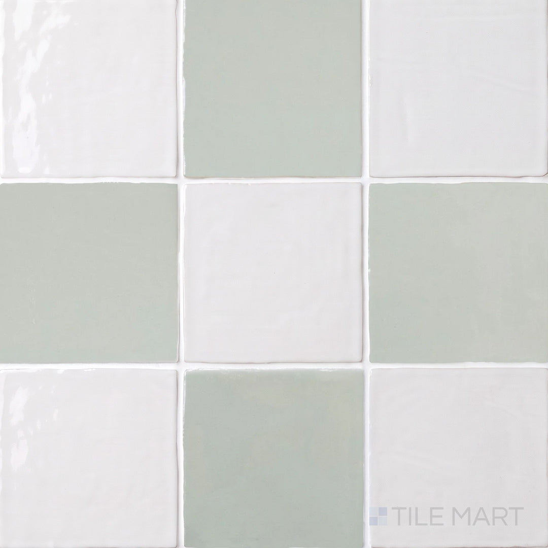 Overview of Melody 5x5 checkerboard in Easton White and Mint Grey, showing its vibrant, light-catching gloss finish.