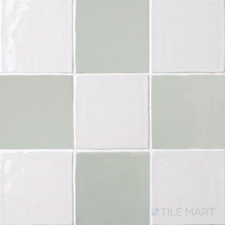 Overview of Melody 5x5 checkerboard in Easton White and Mint Grey, showing its vibrant, light-catching gloss finish.
