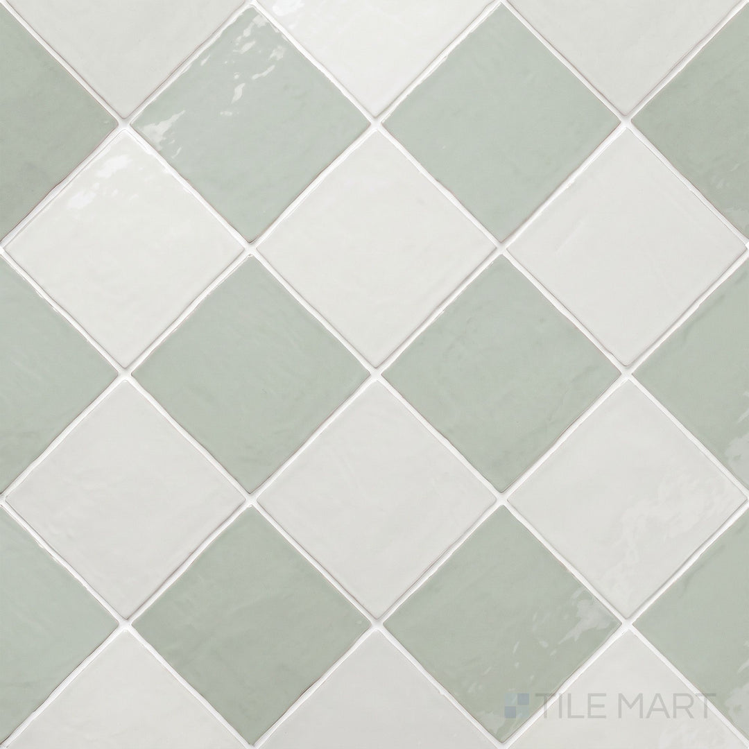 Alternate overview of Melody checkerboard in Easton White and Mint Grey, highlighting its reflective glossy surface.