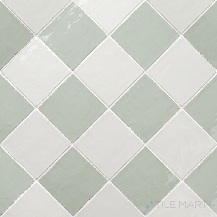 Alternate overview of Melody checkerboard in Easton White and Mint Grey, highlighting its reflective glossy surface.
