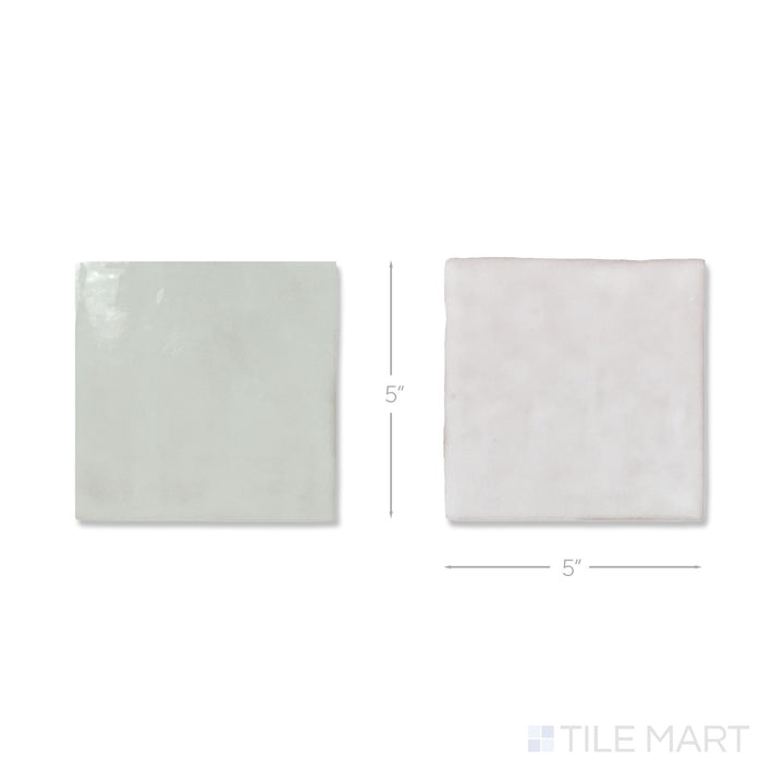 Overhead view of a single Melody tile in Easton White and Mint Grey, showing the glossy ceramic finish up close.