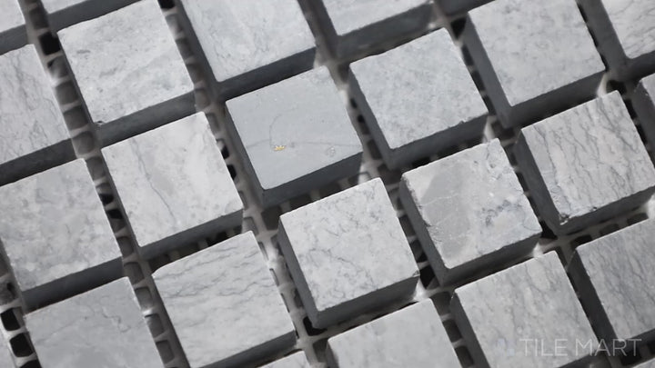 Video showcasing Sto-Re Wooden Blue 5/8" Mini Square Polished Marble Mosaic. A distinctive Wooden Blue marble mosaic with polished mini square tiles for a stylish finish.