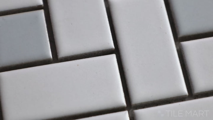 Video featuring Porcelain Glazed Mosaics White with Gray Dot Pinwheel Matte. A neutral white matte porcelain mosaic with gray pinwheel accents, offering a subtle yet stylish look.