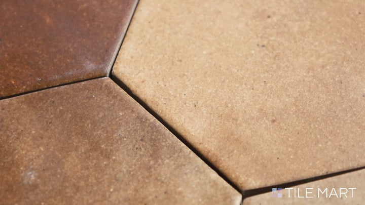 Video of Celine Cotto 4" Hex Matte Glazed Porcelain. A warm, earthy hex tile with a matte finish, perfect for rustic and Mediterranean-inspired spaces.