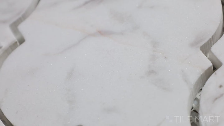 Video showcasing Sto-Re Volakas Arabesque Polished Marble Mosaic. A polished Volakas marble mosaic with an elegant arabesque pattern for a sophisticated look.
