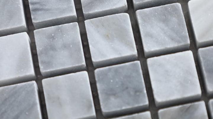 Video featuring Sto-Re Bardiglio 5/8" Mini Square Polished Marble Mosaic. A finely crafted Bardiglio marble mosaic with polished mini square tiles, offering a sleek aesthetic.