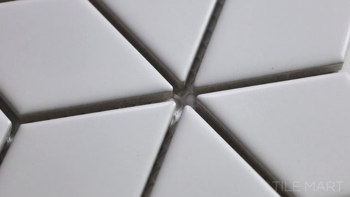 Video highlighting Shapes White Cube Glossy Porcelain Mosaic. A luminous white glossy porcelain mosaic with a geometric cube effect, perfect for modern interiors.