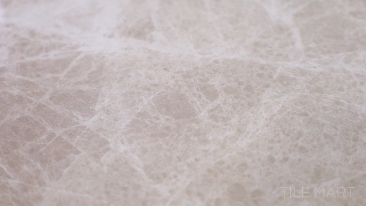 Video showcasing Polished Marble Emperador Light 48x48 Porcelain. A large-format polished porcelain tile in soft beige with natural veining, offering an elegant and classic marble look.