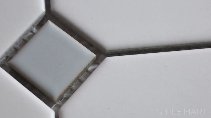 Video of Porcelain Glazed Mosaics White with Gray Dot 4-inch Octagon Matte. A stylish white matte porcelain octagonal mosaic with gray dots, blending modern and traditional charm.