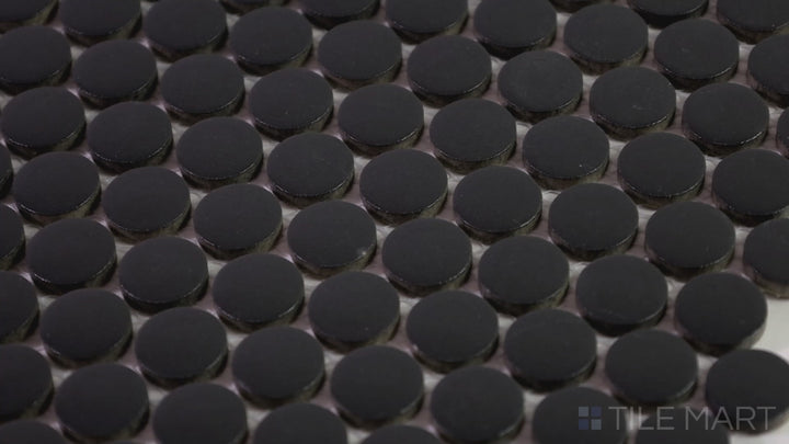 Video featuring Marin Midnight Tide 3/4" Penny Round Matte Glazed Porcelain Mosaic. A deep blue penny round tile that evokes the mystery and depth of the night sky.