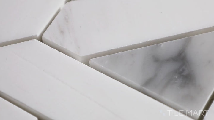 Video showcasing Bianco Dolomite Geometrica Polished Marble Mosaic. A striking geometric white marble mosaic with modern and classic appeal.