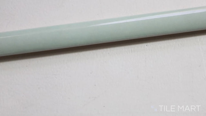 Video featuring Village Mint 0.5X8 Glossy Ceramic Jolly Trim. A soft green trim tile with a high-gloss finish, adding a fresh accent to walls.