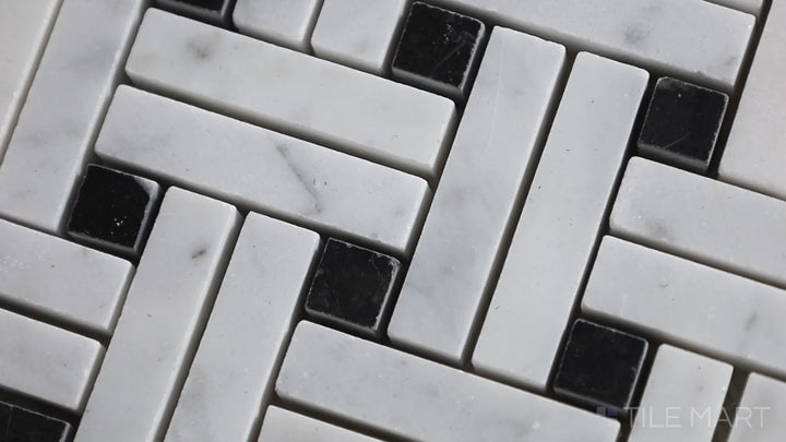 Video highlighting Sto-Re Carrara W/ Black Dot Stanza Polished Marble Mosaic. A sophisticated Carrara marble mosaic with contrasting black dot accents, arranged in an eye-catching stanza pattern.