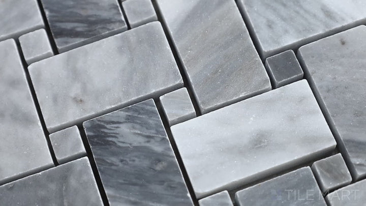 Video highlighting Sto-Re Bardiglio W/ Bardiglio Dot Basketweave Polished Marble Mosaic. A refined Bardiglio marble mosaic with a basketweave pattern accented by Bardiglio dots.