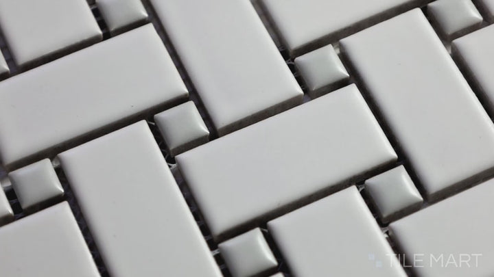 Video highlighting Domino Gray & White Basketweave Matte Porcelain Mosaic. A traditional basketweave pattern in gray and white with a matte texture.