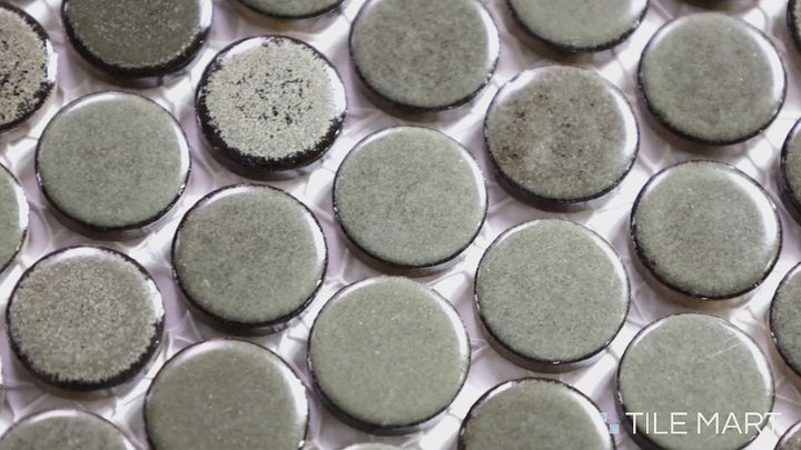 Video highlighting 360° Shale 3/4" Penny Round Matte Glazed Porcelain Mosaic. A neutral-toned matte mosaic that complements contemporary and minimalist interiors.