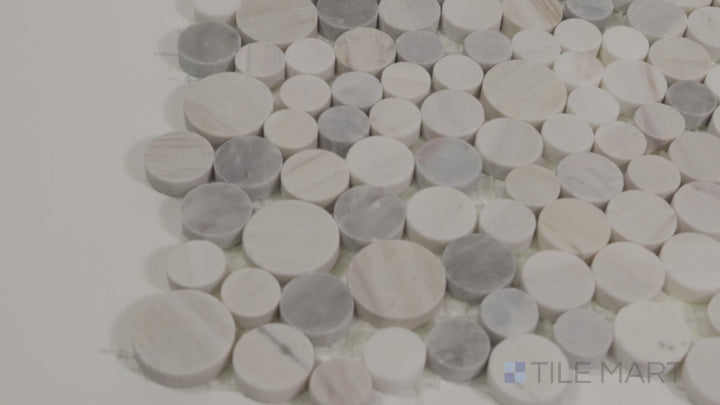 Video of The Finish Line Natural Circular Polished Marble Mosaic. A circular marble tile mosaic with a polished surface, adding elegance and texture to any design.