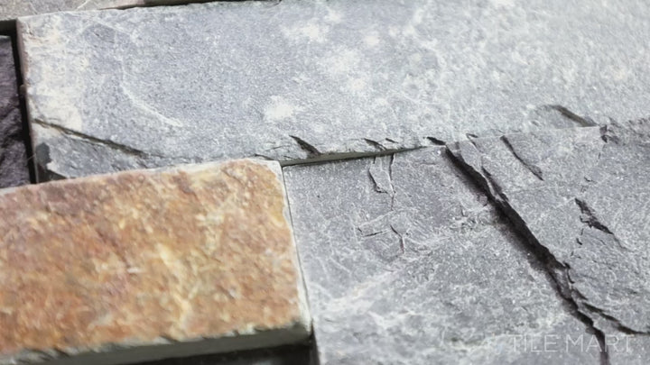 Video showcasing Rockmount Gold Rush 4.5X16 Mini Ledger Panel Splitface Slate. A rustic splitface slate ledger panel in warm golden tones for an earthy, natural look.