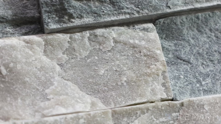 Video of Rockmount Sierra Blue 4.5X16 Mini Panel Splitface Quartzite. A smaller-format blue-gray quartzite stacked stone panel, great for detailed wall applications.