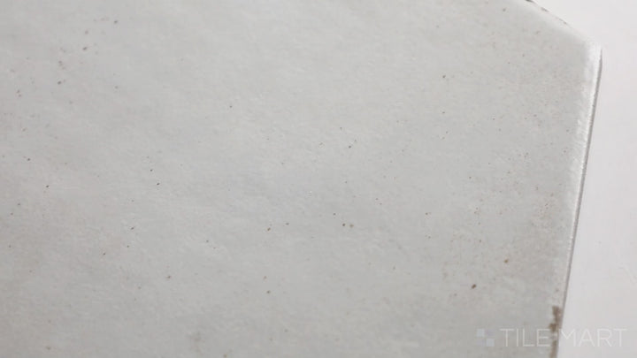 Video showcasing Eden Bianco 8" Hex Matte Porcelain. A striking white hexagonal tile with a matte texture, adding geometric elegance to walls and floors.